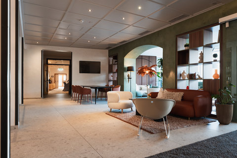 Spacious lobby with cozy seating and free WiFi
