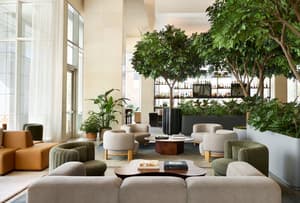 thumbnail: Lobby lounge with trees, soft seating, and bar backdrop.