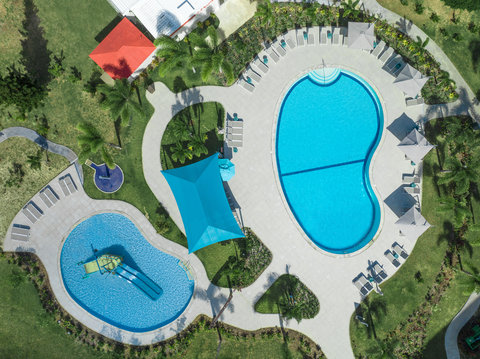 Aerial birds eye view of kids pool and North pool